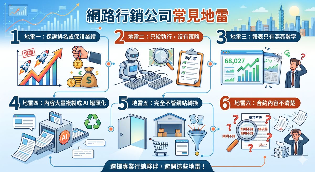 網路行銷公司怎麼選?服務內容、評估重點與常見地雷一次看懂 5 網路行銷公司常見地雷有哪些?