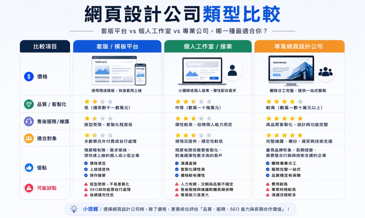 網頁設計公司類型比較：套版平台、個人工作室、專業公司