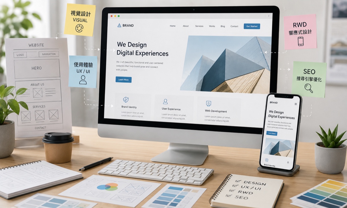 網頁設計涵蓋視覺、版面、UI/UX 與 RWD 響應式設計
