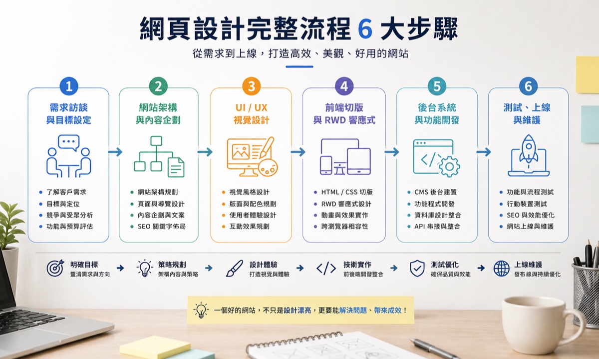網頁設計完整流程 6 大步驟：需求訪談、架構企劃、UIUX設計、前端切版、後台開發、測試上線