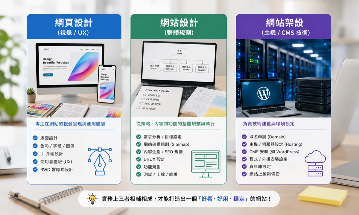 網頁設計、網站設計、網站架設的差異對照